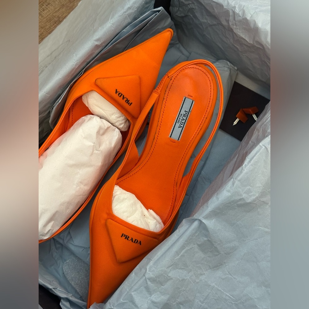 Prada Orange Pointed Nylon Slingback Heels - Picture 3 of 7